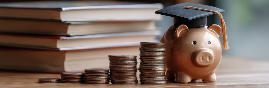 A piggy bank wearing a graduation cap, alongside piles of coins.