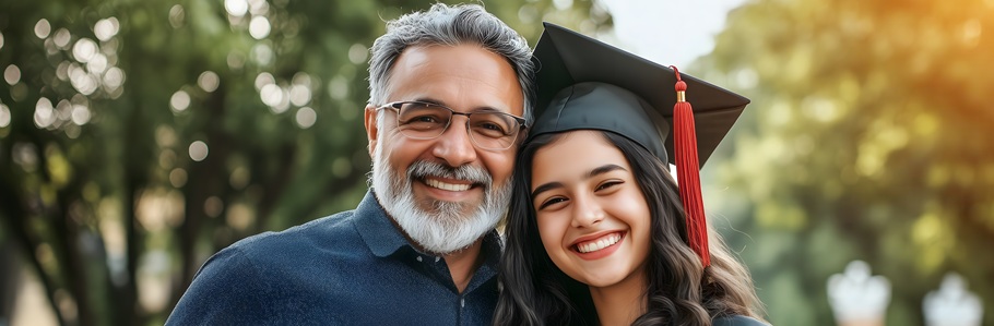 A father and daughter on a university graduation day.