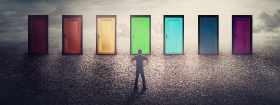 Image of a student looking at doors ahead of them, to illustrate different options
