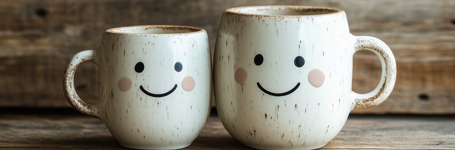 Two smiling mugs, side by side. One is bigger than the other.