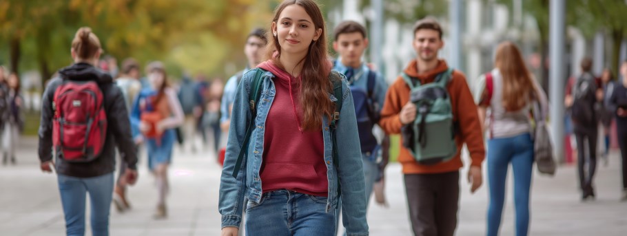 Image of students on a university campus - one in the background with bag on the wrong way!