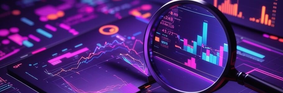 A magnifying glass analysing a screen of glowing data.